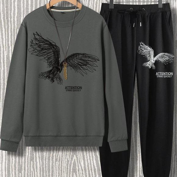 Grey And Black Mens Pullover & Drawstring Sweatpants - Picture 3 of 6